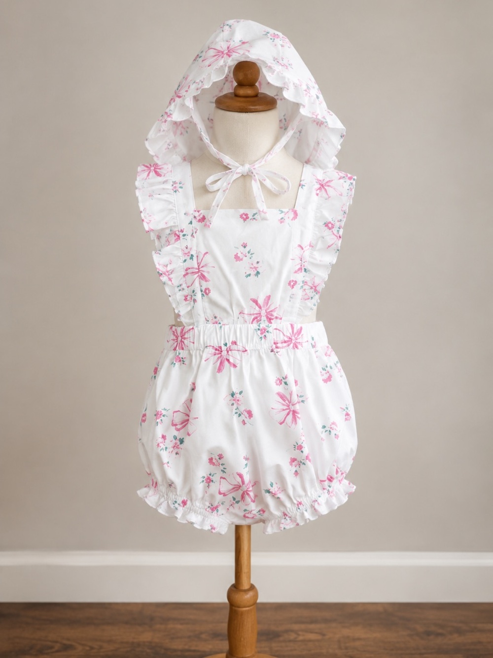 White & Pink Floral Ruffle Baby Dress with Bonnet